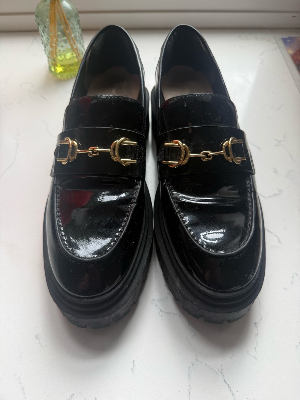 Stuart Weitzman Black Patent Loafers with Gold Hardware
